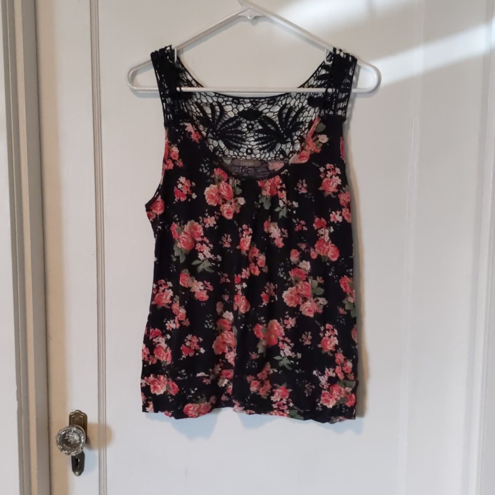 Black floral tank with lace